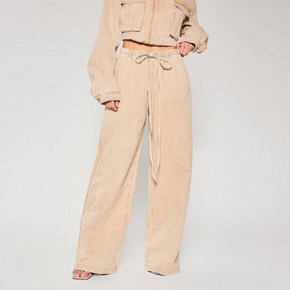 Khaki Casual Women's Tie Waist Wide Leg Washed Denim Trousers pants - Picture 1 of 6